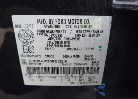 2013 Ford Edge Sel from USA, damaged, VIN 2FMDK4JC9DBE12218
